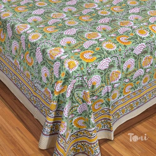 TOAI Hand Block Printed Bedsheet | Bed Spread Flatsheet Bed Sheet | Pure Cotton | Queen Size 90"x108" | 210 TC Long Staple Cotton | 2 Reversible Pillow Covers |Yellow Pink Florals on Green - Image 4