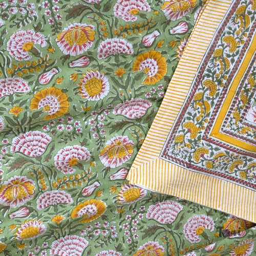 TOAI Hand Block Printed Bedsheet | Bed Spread Flatsheet Bed Sheet | Pure Cotton | Queen Size 90"x108" | 210 TC Long Staple Cotton | 2 Reversible Pillow Covers |Yellow Pink Florals on Green - Image 2