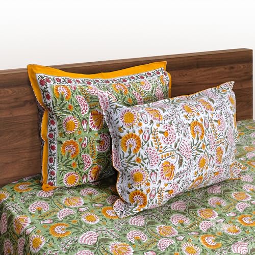 TOAI Hand Block Printed Bedsheet | Bed Spread Flatsheet Bed Sheet | Pure Cotton | Queen Size 90"x108" | 210 TC Long Staple Cotton | 2 Reversible Pillow Covers |Yellow Pink Florals on Green - Image 3