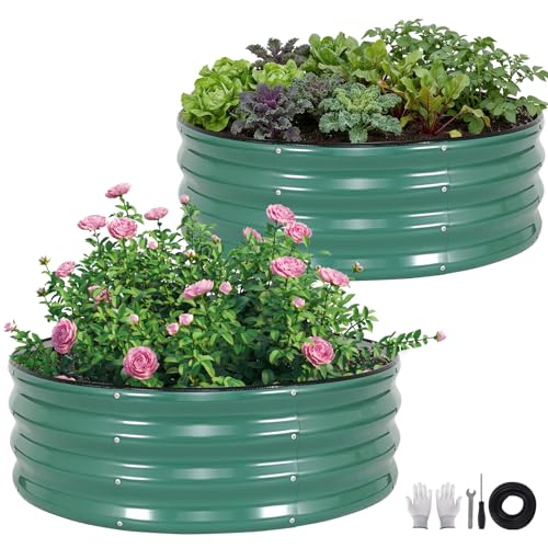 ZORMY Galvanized Raised Garden Bed Outdoor Round Metal Planter Boxes 2 Pcs 3x3x1ft Steel Raised Bed Kit for Planting Vegetables Fruits FlowersLotusGreen - Image 1