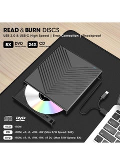 ROOFULL External CD DVD Drive, USB 3.0 & USB-C CD/DVD Burner Player with 4*USB Ports and 2*SD/TF Card Reader, Portable CD/DVD-ROM +/-RW Disk Drive Adapter for Laptop PC Mac Windows 11/10/8/7 Linux