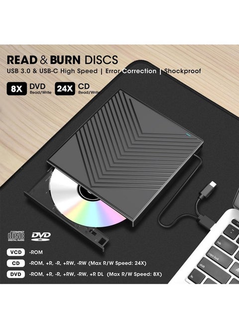 ROOFULL External CD DVD Drive, USB 3.0 & USB-C CD/DVD Burner Player with 4*USB Ports and 2*SD/TF Card Reader, Portable CD/DVD-ROM +/-RW Disk Drive Adapter for Laptop PC Mac Windows 11/10/8/7 Linux