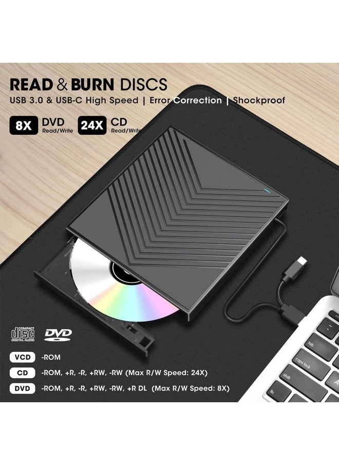 ROOFULL - ROOFULL External CD DVD Drive, USB 3.0 & USB-C CD/DVD Burner Player with 4*USB Ports and 2*SD/TF Card Reader, Portable CD/DVD-ROM +/-RW Disk Drive Adapter for Laptop PC Mac Windows 11/10/8/7 Linux - Image 1
