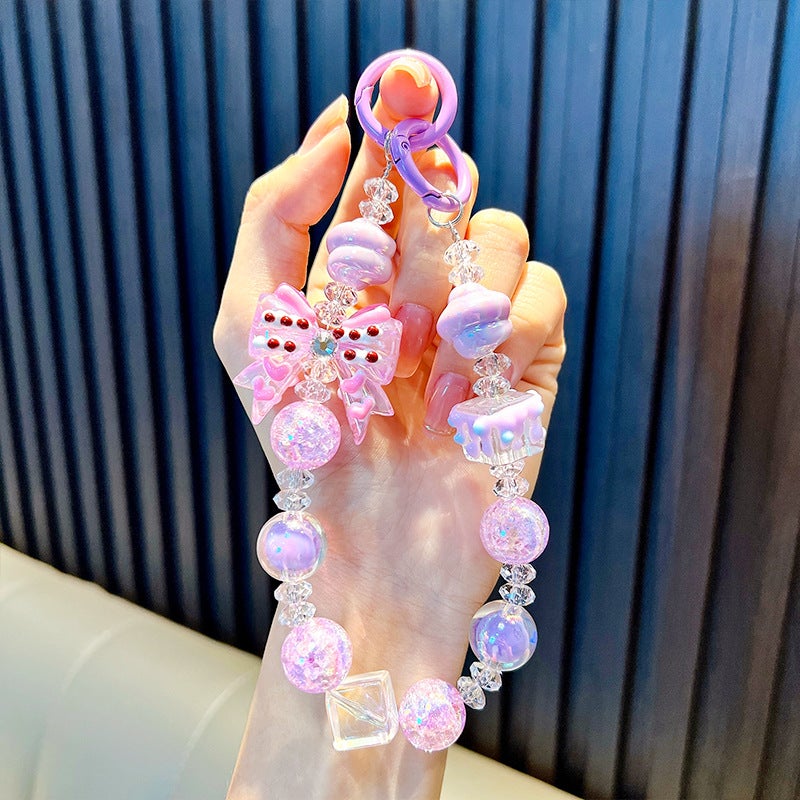 Beaded bow block mobile phone chain keychain acrylic kulomi key chain bag pendant gift wholesale Purple-square bow beaded bracelet