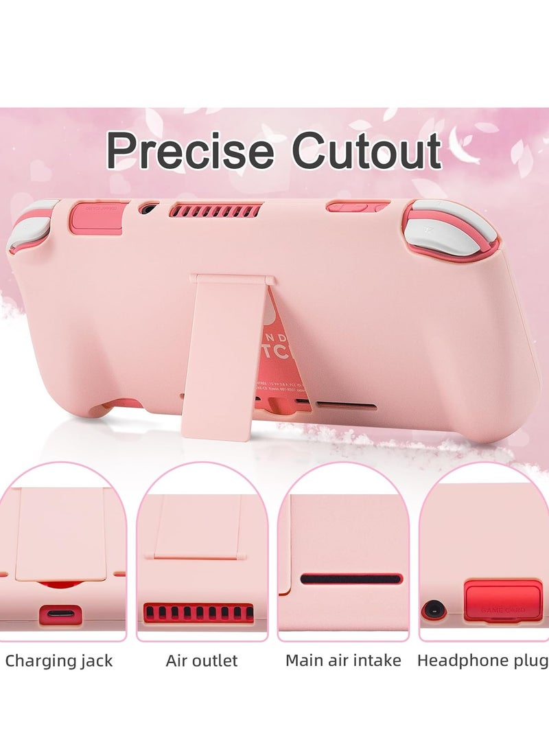 Pink Travel Carrying Case Accessories Kit for Switch Lite, Hard Protective Cover Skin Shell with Stand, Glass Screen Protector, Thumb Grip Caps 9 in 1 - Image 4