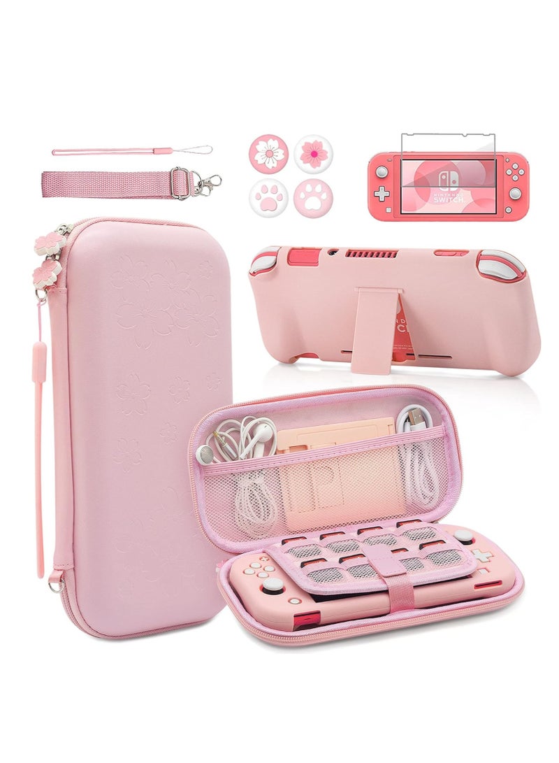 Pink Travel Carrying Case Accessories Kit for Switch Lite, Hard Protective Cover Skin Shell with Stand, Glass Screen Protector, Thumb Grip Caps 9 in 1 - Image 1