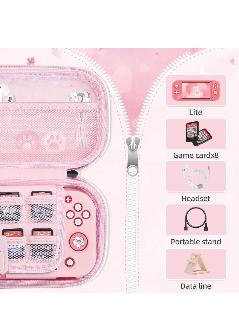 Pink Travel Carrying Case Accessories Kit for Switch Lite, Hard Protective Cover Skin Shell with Stand, Glass Screen Protector, Thumb Grip Caps 9 in 1 - Image 2