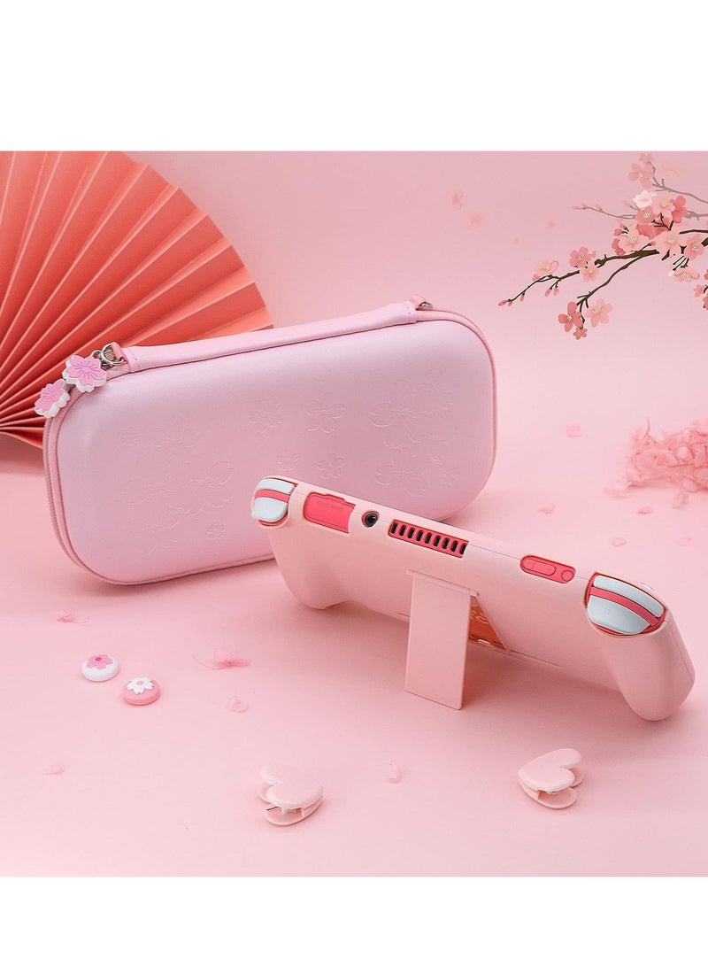 Pink Travel Carrying Case Accessories Kit for Switch Lite, Hard Protective Cover Skin Shell with Stand, Glass Screen Protector, Thumb Grip Caps 9 in 1 - Image 5