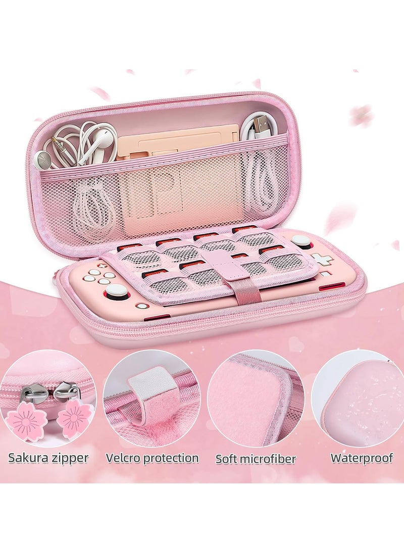Pink Travel Carrying Case Accessories Kit for Switch Lite, Hard Protective Cover Skin Shell with Stand, Glass Screen Protector, Thumb Grip Caps 9 in 1 - Image 3