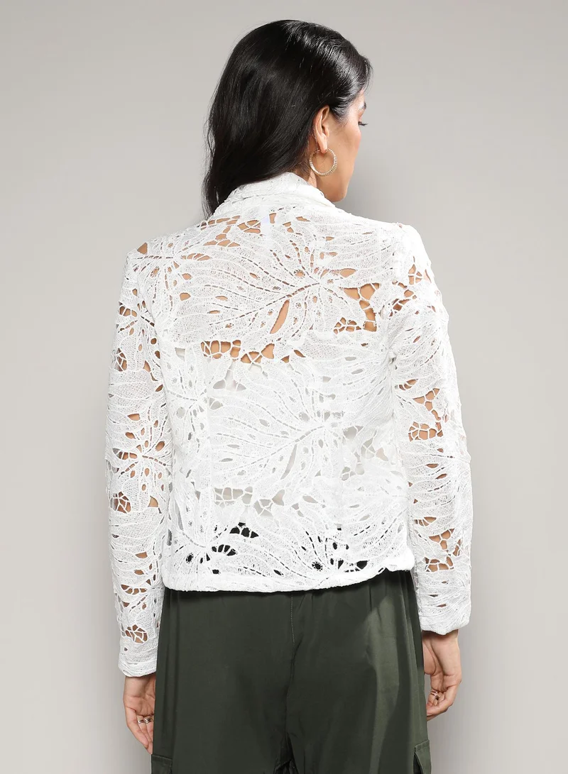 Campus Sutra Women's White Self-Design Botanical Jacket