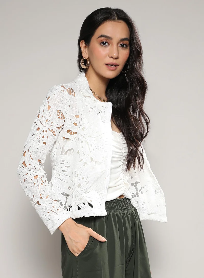 Campus Sutra Women's White Self-Design Botanical Jacket