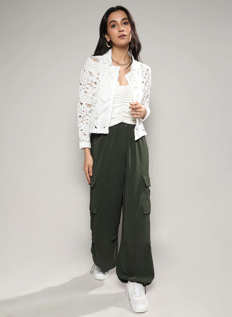 Campus Sutra Women's White Self-Design Botanical Jacket