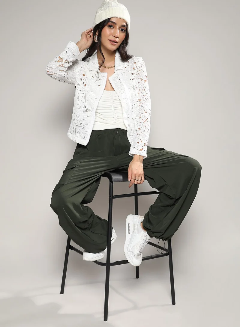 Campus Sutra Women's White Self-Design Botanical Jacket