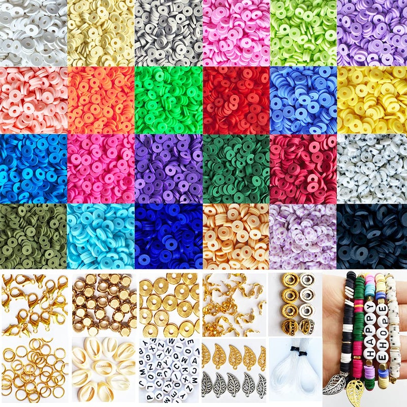 EHOPE 7800 Pcs Polymer Clay Beads  24 Colors 6mm Round Spacer Heishi Pendant Jump Rings Letter Beads for DIY Bracelets Necklaces Earrings