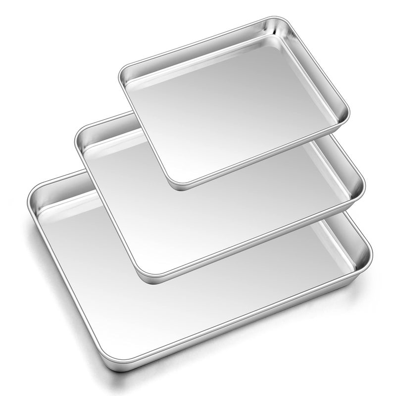 Herogo Baking Tray Set of 3 Stainless Steel Oven Tray Set Professional Baking Roasting Cooking Serving Sheet Pan for Home Restaurant Hotel NonToxic  Mirror Finish Dishwasher Safe Metal Silver