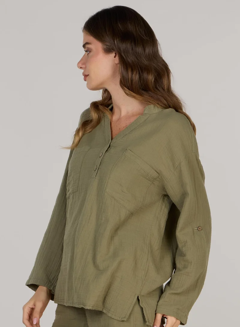 Just Nature  Relaxed V-Neck Long Sleeve Top for Women | Best Price UAE