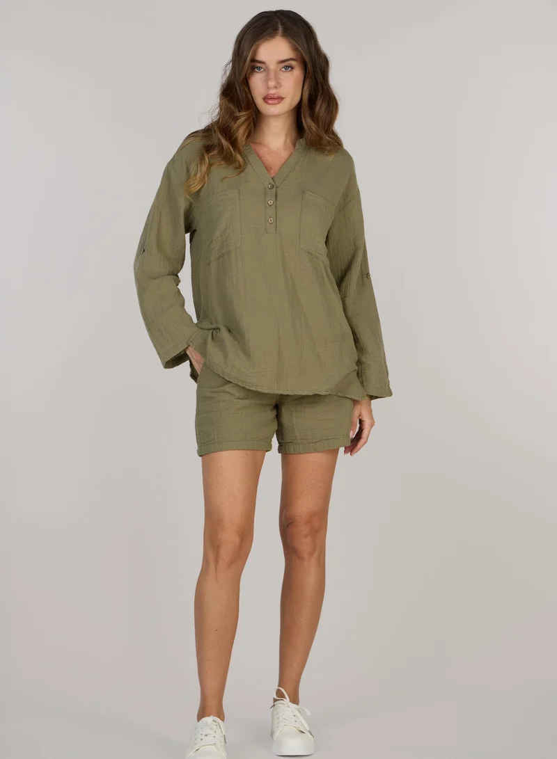 Just Nature  Relaxed V-Neck Long Sleeve Top for Women | Best Price UAE