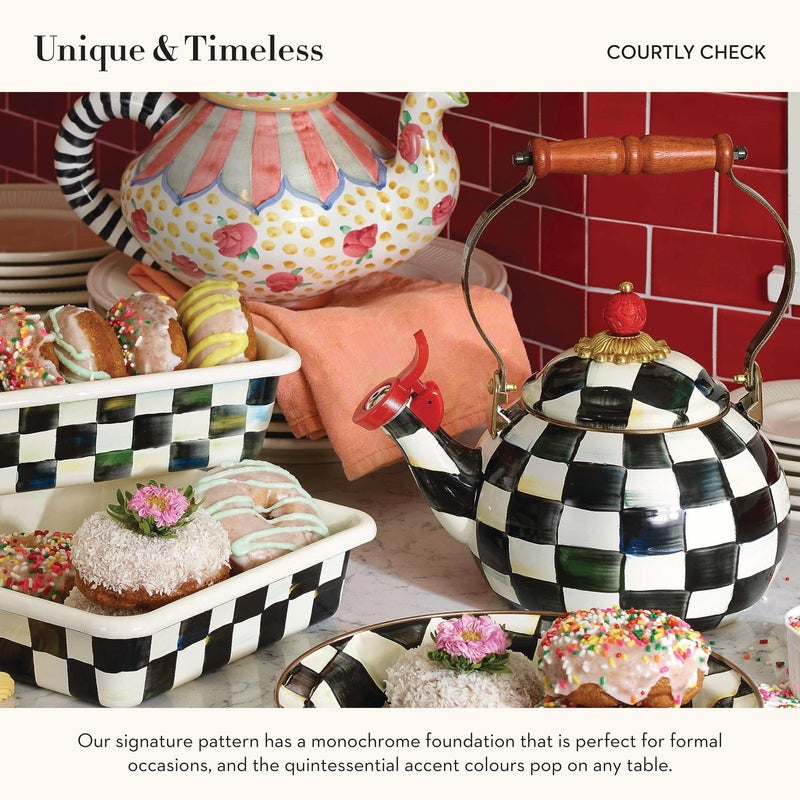 mackenzie childs MACKENZIE-CHILDS Enamel Whistling Tea Kettle, Decorative Teapot, Black-and-White Courtly Check - Image 5