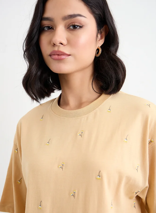 Styli Styli Floral Embroidered Oversized T-Shirt