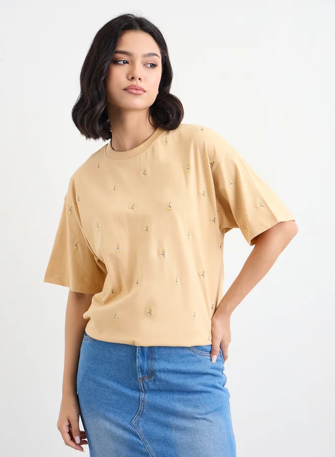 Styli Styli Floral Embroidered Oversized T-Shirt