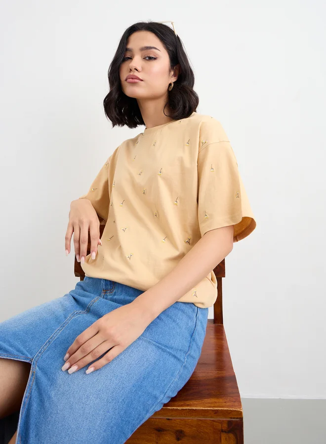 Styli Styli Floral Embroidered Oversized T-Shirt