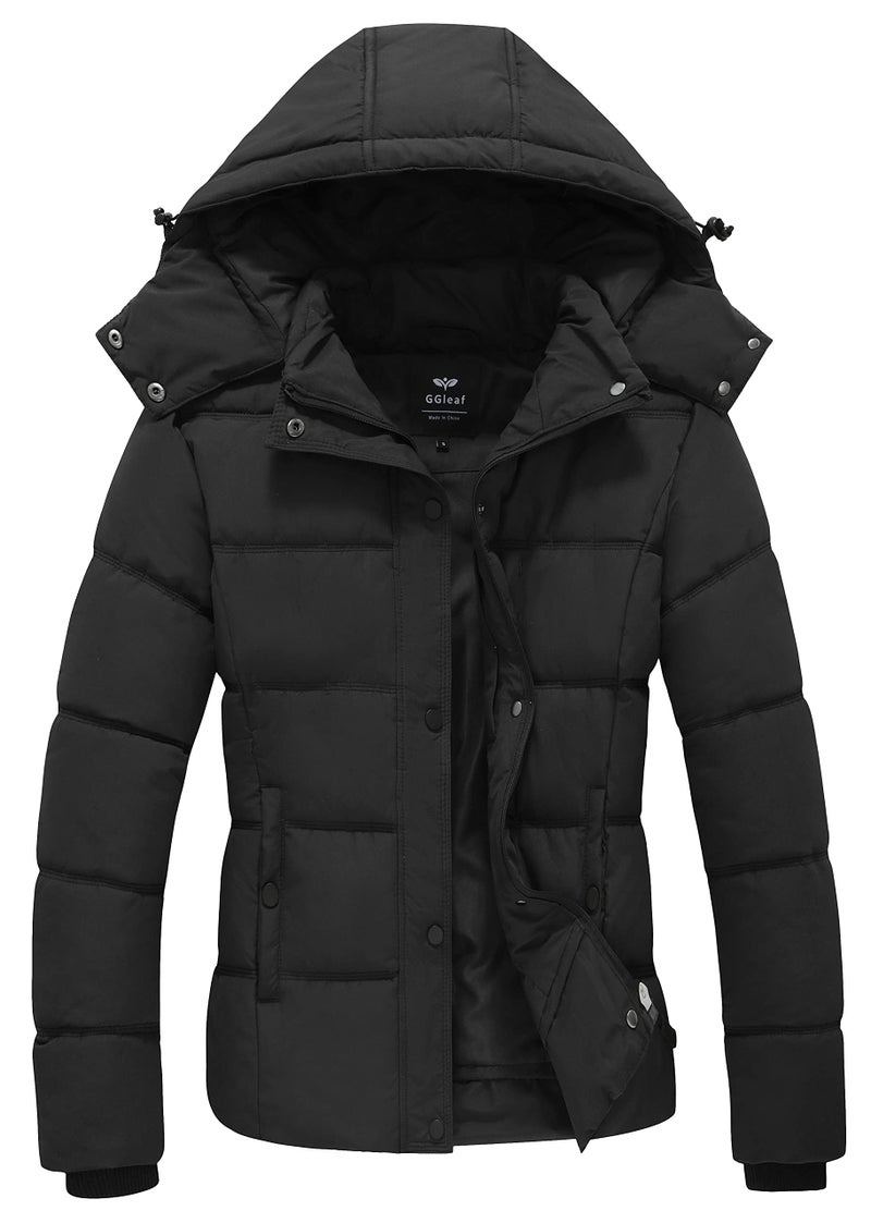 GGleaf Womens Hooded Coat Quilted Thicken Puffer Jacket Warm Winter Snow Coat Black Medium