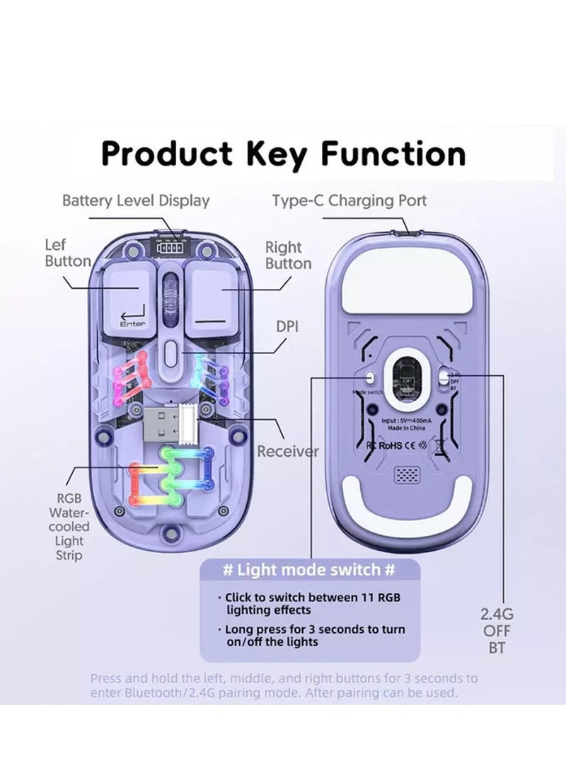 Forev Transparent Wireless Dual-Mode RGB Bluetooth Mouse Ergonomic Universal Hots Adjustable to 1600dpi / FV-T7 pink  - Image 4