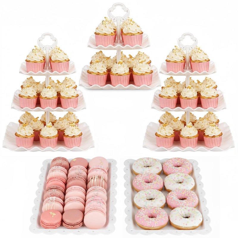 NWK 5 Piece Cake Stand Set with 2 x 3-Tier Cupcake Stands, 1 x2-Tier Cupcake Stands, 2 x Appetizer Trays, for Wedding Birthday Baby Shower Tea Party Decorations (White) - Image 1