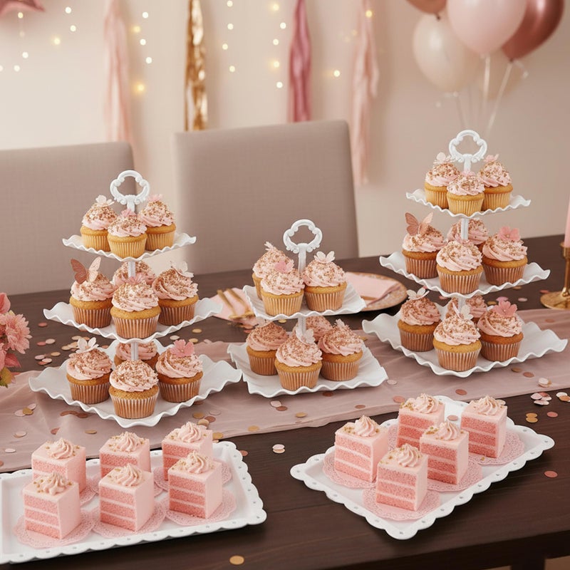 NWK 5 Piece Cake Stand Set with 2 x 3-Tier Cupcake Stands, 1 x2-Tier Cupcake Stands, 2 x Appetizer Trays, for Wedding Birthday Baby Shower Tea Party Decorations (White) - Image 5