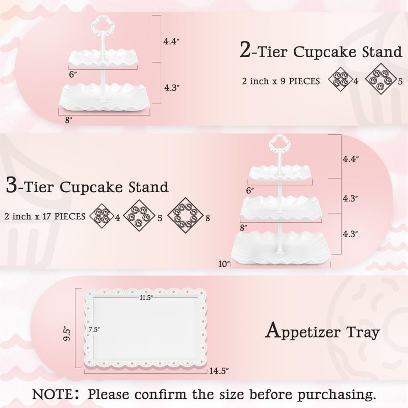 NWK 5 Piece Cake Stand Set with 2 x 3-Tier Cupcake Stands, 1 x2-Tier Cupcake Stands, 2 x Appetizer Trays, for Wedding Birthday Baby Shower Tea Party Decorations (White) - Image 2