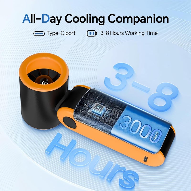 MERTTURM Handheld Portable Fan, 17400RPM Powerful Turbo Fan with Hook, 3000mAh Rechargeable Personal Mini Pocket Fan with 5 Speeds for Commuting/Walking/Shopping/Traveling/School - Black Orange - Image 3