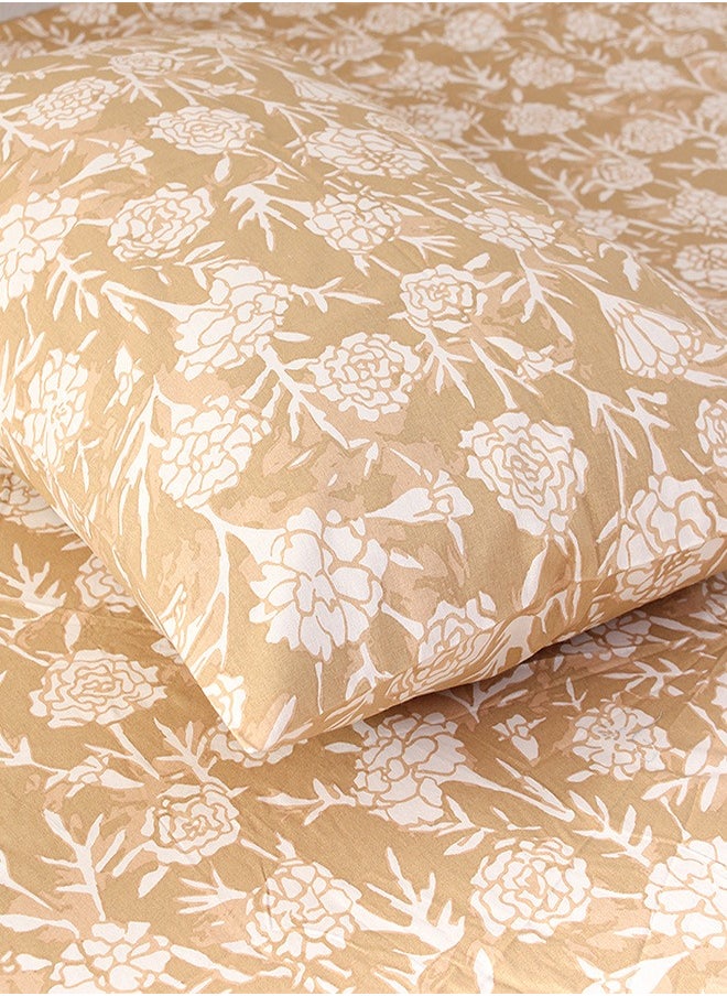 housethis 3-Piece Cotton Bedsheet Set Includes Genda Phool Bed Sheet (Beige) & 2 Pillow Covers (46x69cm) | Machine Washable | 144 Thread Count Bed Linen with Pillow Case  - Image 1