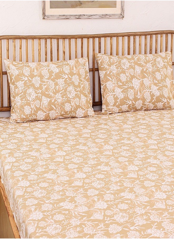 housethis 3-Piece Cotton Bedsheet Set Includes Genda Phool Bed Sheet (Beige) & 2 Pillow Covers (46x69cm) | Machine Washable | 144 Thread Count Bed Linen with Pillow Case  - Image 3