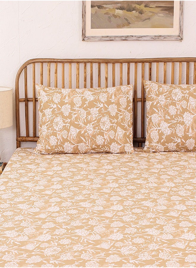 housethis 3-Piece Cotton Bedsheet Set Includes Genda Phool Bed Sheet (Beige) & 2 Pillow Covers (46x69cm) | Machine Washable | 144 Thread Count Bed Linen with Pillow Case  - Image 2