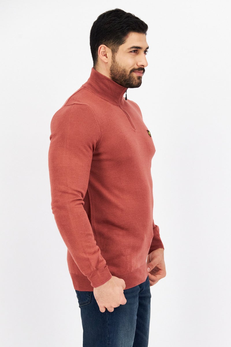 Lyle & Scott Men Mid Collar Knit Half Zipper Sweater, Pale Maroon - Image 4