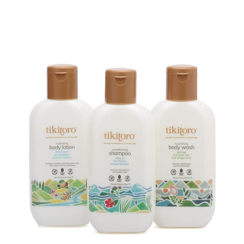 Tikitoro Teens Bath Body Combo 100 Vegan with Nourishing Body Wash Conditioning Shampoo Hydrating Body Lotion No Parabens Sulphates Gift Combo Pack Age 11 75ml x 3 - Image 1