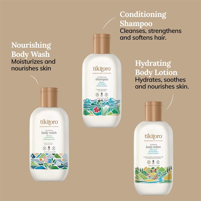 Tikitoro Teens Bath Body Combo 100 Vegan with Nourishing Body Wash Conditioning Shampoo Hydrating Body Lotion No Parabens Sulphates Gift Combo Pack Age 11 75ml x 3 - Image 2