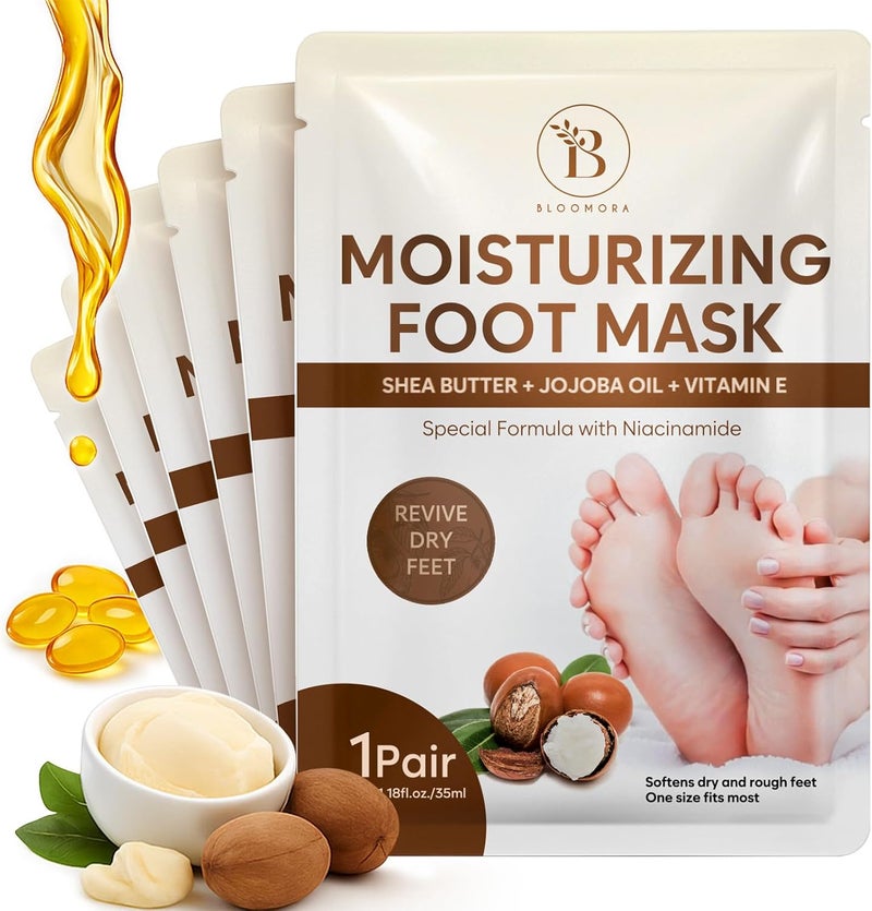 Hydrating Foot Mask Socks for Dry Cracked Feet Restoring Moisturising Socks with Shea Butter Jojoba Oil Vitamin E Feet Masks for Women Men Foot Care Cracked Heel Repair 6 Pairs