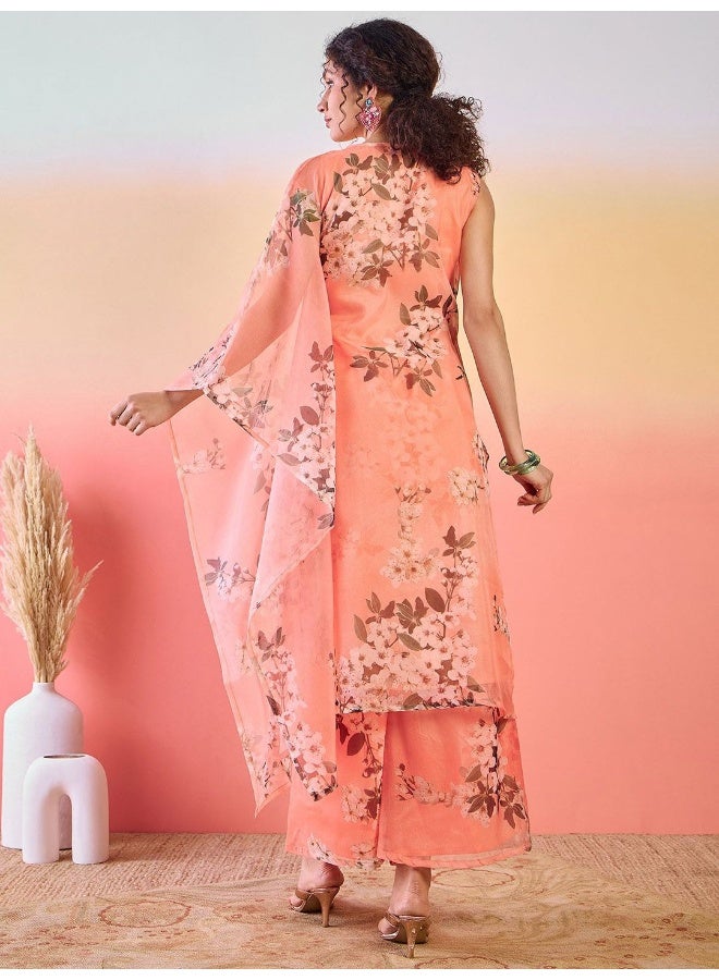 AKS Orange Digital Printed Organza Kurta Set  - Image 5