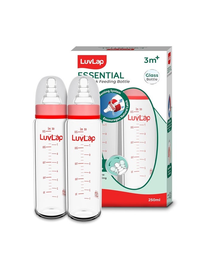 Luvlap Essential Slim Neck Glass Feeding Bottle, 250ml, 3m+ / Infants/Toddler Upto 3 Years, Madeof Borosilicate Glass, BPA Free, Ergonomic Shape is Easy to Hold, with Anti Colic Nipple, Pack of 2 - Image 1