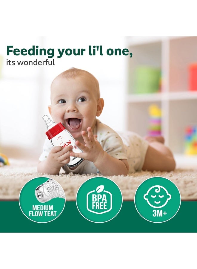 Luvlap Essential Slim Neck Glass Feeding Bottle, 250ml, 3m+ / Infants/Toddler Upto 3 Years, Madeof Borosilicate Glass, BPA Free, Ergonomic Shape is Easy to Hold, with Anti Colic Nipple, Pack of 2 - Image 2