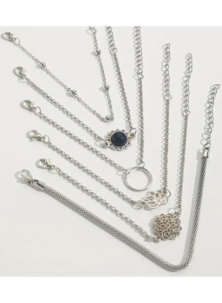 Home Clearance Sale A Set Of 6 Pieces Of Minimalist Lotus Leaf Round Stone Flower Petal Bead Chain Trendy Fashion Bracelets.  - Image 2