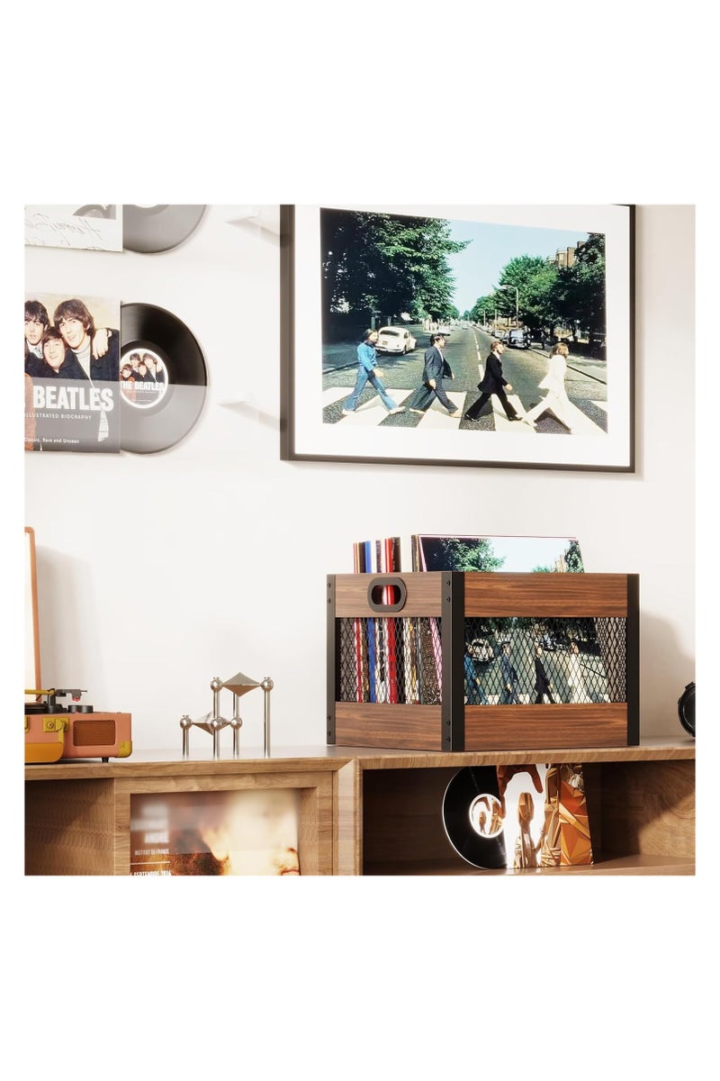 Echo Audio Vinyl Record Storage Crate, LP Collection Organizer Box Made of Plywood and Metallic Mesh, Carry Handles, 65 Records Storage Capacity, Ideal Home Decor - Espresso - Image 2