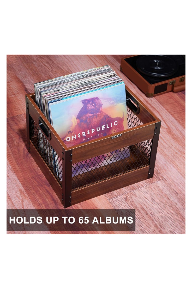 Echo Audio Vinyl Record Storage Crate, LP Collection Organizer Box Made of Plywood and Metallic Mesh, Carry Handles, 65 Records Storage Capacity, Ideal Home Decor - Espresso - Image 4