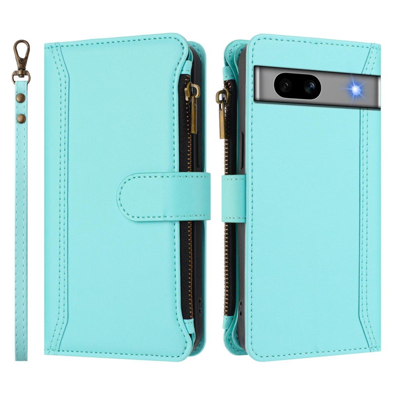 HuHa Protective Cover For Google Pixel 7a Magnetic Closure 9 Card Slots Zipper Leather Case with Hand Strap(Mint Green) - Image 2