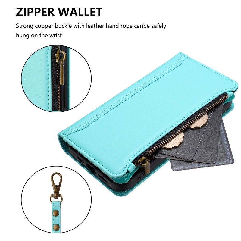 HuHa Protective Cover For Google Pixel 7a Magnetic Closure 9 Card Slots Zipper Leather Case with Hand Strap(Mint Green) - Image 5