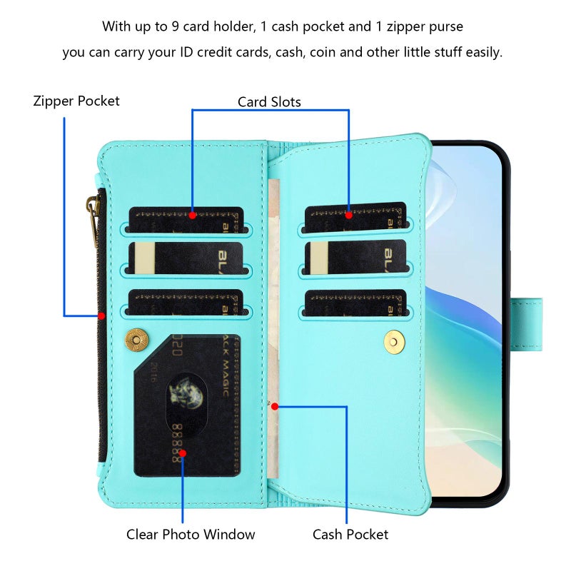 HuHa Protective Cover For Google Pixel 7a Magnetic Closure 9 Card Slots Zipper Leather Case with Hand Strap(Mint Green) - Image 3