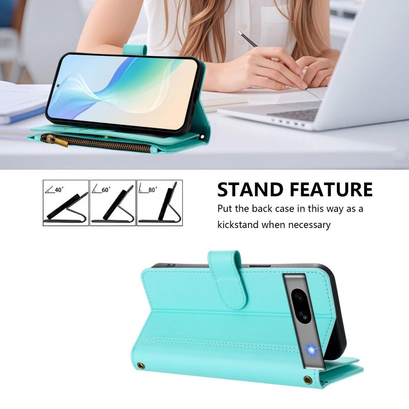HuHa Protective Cover For Google Pixel 7a Magnetic Closure 9 Card Slots Zipper Leather Case with Hand Strap(Mint Green) - Image 4