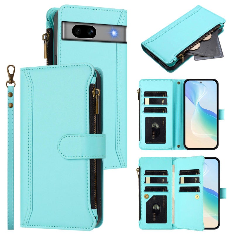 HuHa Protective Cover For Google Pixel 7a Magnetic Closure 9 Card Slots Zipper Leather Case with Hand Strap(Mint Green) - Image 1