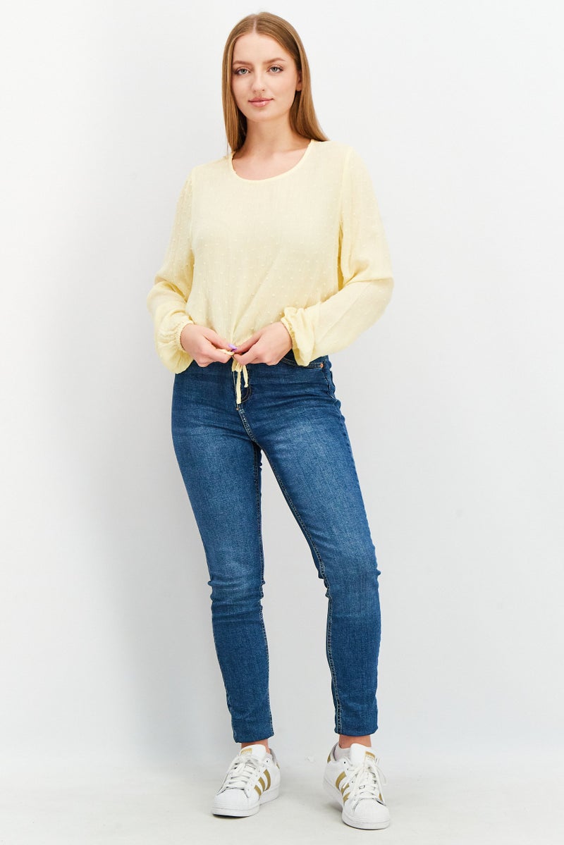 Sinsay Women Round Neck Long Sleeves Textured Tops, Yellow  - Image 3
